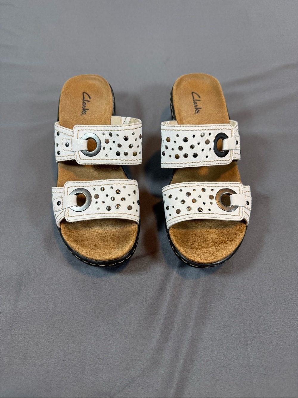 Clarks White Leather Double-Strap Slide Size 8 Summer Casual Beach